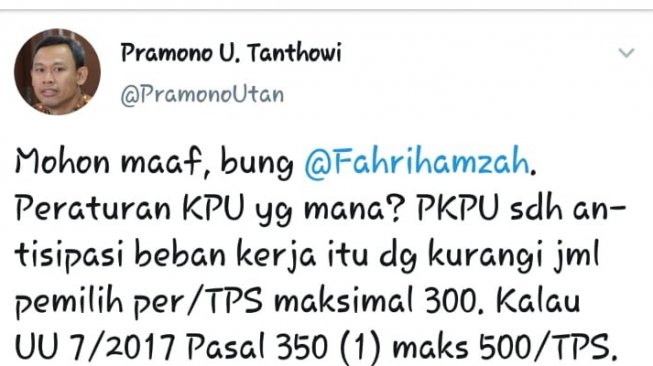 Pramono Ubaid Tanthowi TwitWar sama Fahri Hamzah terkait gugurnya ratusan KPPS. (@PramonoUtan)