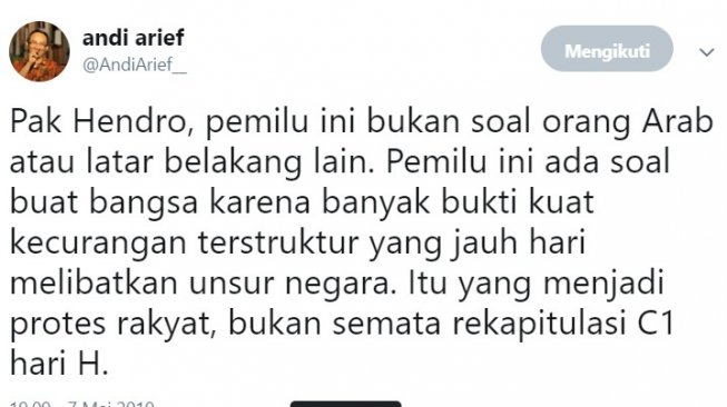 Kicauan politikus Partai Demokrat Andi Arief. (@AndiArief_)