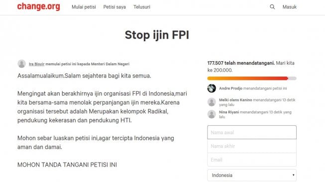 Petisi setop izin FPI ditandatangani 177 ribu orang (change.org)