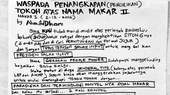 Surat Ahmad Dhani yang ditulis di Rutan Medaeng, Jawa Timur. (istimewa)