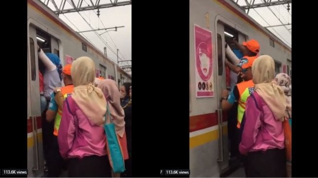 Miris, KRL Penuh, Wanita Ini Paksa Masuk Hingga Pintu Tak Bisa Ditutup