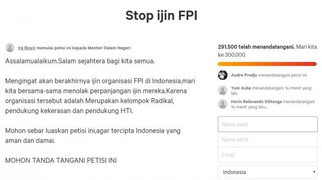 Petisi setop izin FPI menembus 291 ribu orang (change.org)