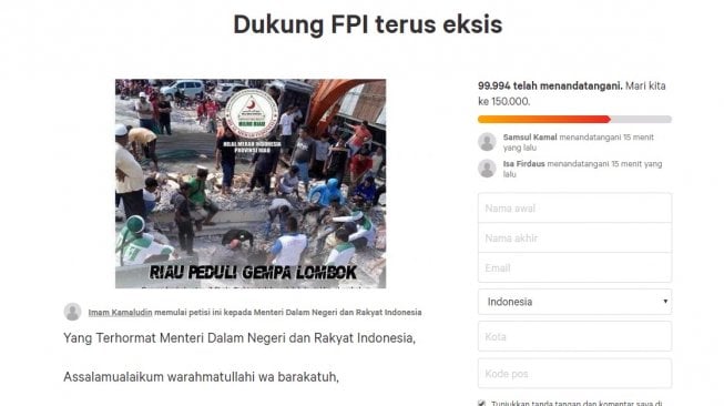 Petisi tandingan ingin FPI tetap eksis tembus angka 99 ribu orang (change.org)