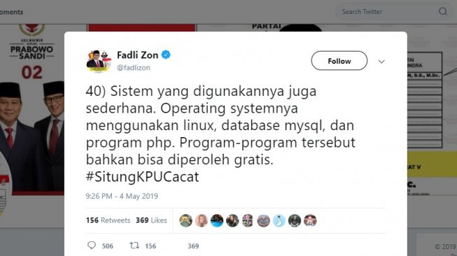 Fadli Zon kritik server KPU. (twitter/fadlizon)