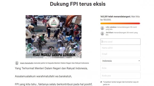 Update data penandatangan petisi tandingan dukung FPI tetap eksis (Change.org)