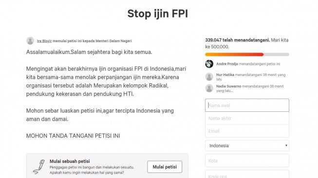 Petisi Setop FPI Diteken 339 Ribu Orang, Jauh Tinggalkan Petisi Tandingan