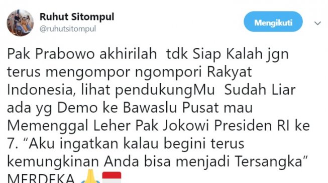 Hasil tangkap layar cuitan Ruhut Sitompul. (Twitter).