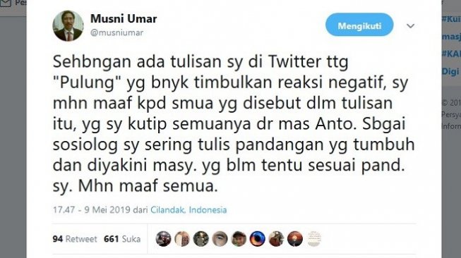 Cuitan rektor Universitas Ibnu Chaldun Musni Umar. (Twitter)