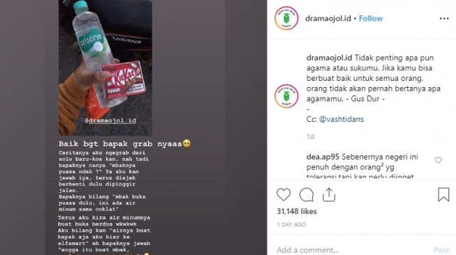 Driver ojol non-muslim memberikan makanan untuk berbuka puasa si penumpang (Instagram)