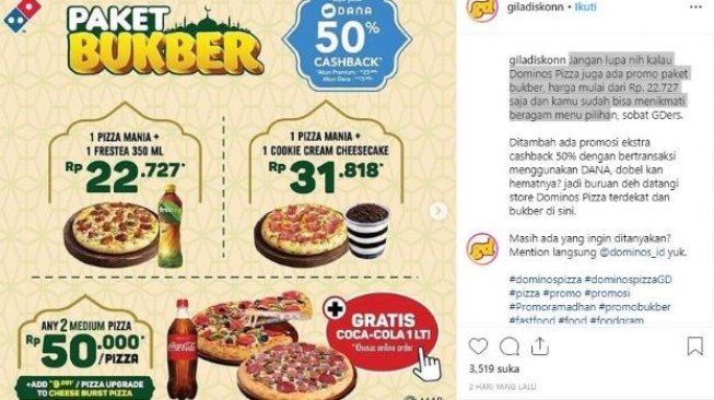 Paket yang super hemat dari Domino Pizza. (Instagram/@giladiskonn) 