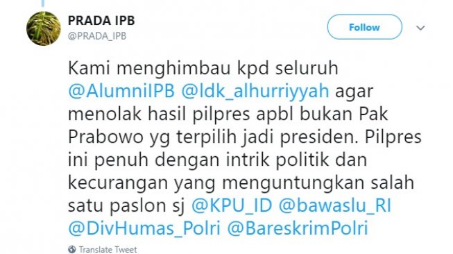 Cuitan Prada IPB menolak hasil Situng KPU (Twitter)