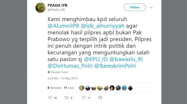 Jika Prabowo Kalah, Akun Prada IPB Ajak Alumni Tolak Hasil Pilpres