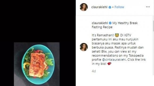 Sajian Salmon dan sayuran ala Cinta Laura untuk buka puasa. (Instagram/laurakiehl)