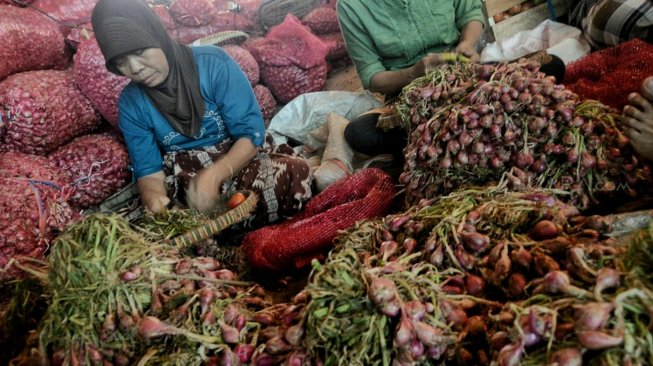 Pedagang merapihkan bawang merah di Pasar Induk Kramat Jati, Rabu (15/5). [Suara.com/Muhaimin A Untung]