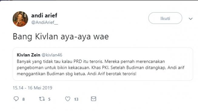 perang komentar Andi Arief dengan akun @kivlanzein46 (Twitter)