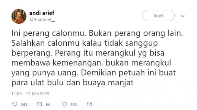 Cuitan Andi Arief soal ulat bulu dan buaya manjat (Twitter)