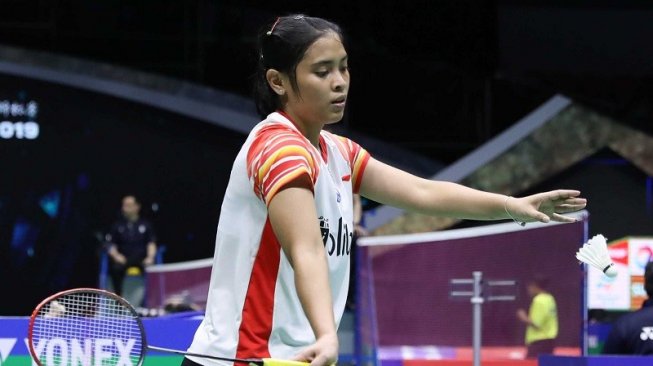 Pebulutangkis tunggal putri Indonesia, Gregoria Mariska Tunjung saat menghadapi tunggal putri Inggris, Abigail Holden pada babak penyisihan Grup 1B Piala Sudirman 2019 di Guangxi Sports Center, Nanning, China, Minggu (19/5/2019). [Dok. PBSI]