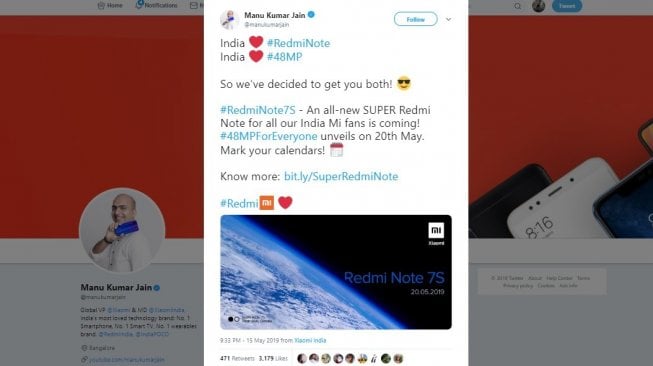 Pengumuman peluncuran Redmi Note 7S. [Twitter]