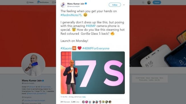 Pengumuman peluncuran Redmi Note 7S. [Twitter]