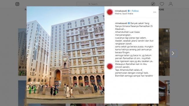 Ramadan di Madinah, Ririn Ekawati Mengenang Kepergian Suami. (instagram.com/ririnekawati)