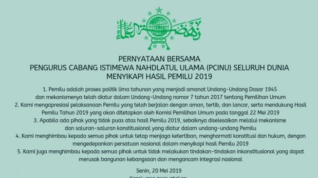 Jelang 22 Mei, PCINU Luar Negeri Imbau Tak Ada Tindakan Inkonstitusional