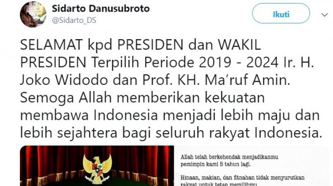 Wantimpres Sidarto Danusubroto memberika selamat kepada Jokowi - Ma'ruf. (Twitter)