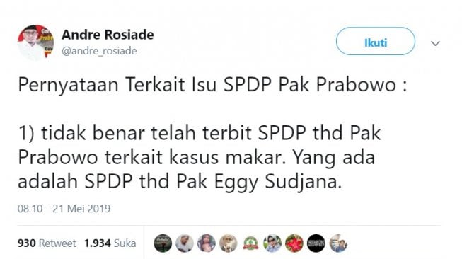 Kicauan politikus Gerindra Andre Rosiade soal viral SPDP atas nama Prabowo. (Twitter).