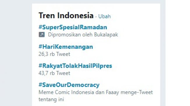 tagar #RakyatTolakHasilPilpres trending topic di Twitter (Twitter)