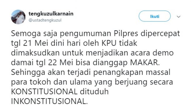 Cuitan Tengku Zul sebut KPU telah berbohong (Twitter/@ustadtengkuzul)