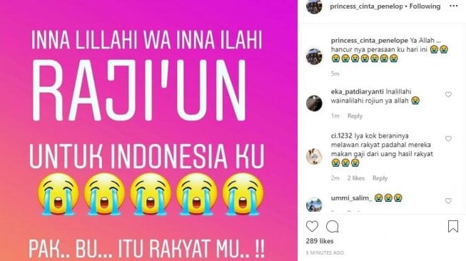 Cinta Penelope berkomentar terkait ricuh aksi tolak Pemilu 2019. [instagram/princess_cinta_penelope]