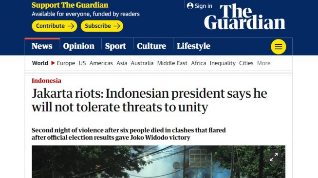 Media internasional The Guardian memberitakan aksi kerusuhan 22 Mei (theguardian.com)