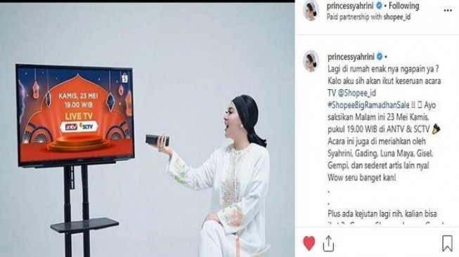 Syahrini promosi acara di Instagram pribadinya. [instagram/princcesyahrini]