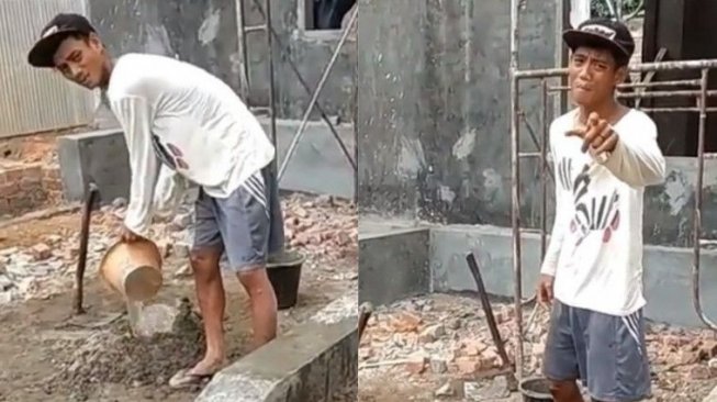 Lepaskan Penat, Tukang Bangunan Bikin Adonan Semen Sambil Bernyanyi
