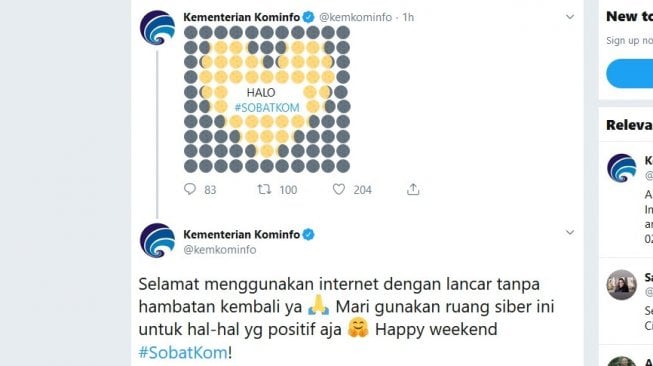 Cuitan dari Kemkominfo tentang kembalinya full akses internet [Twitter: @kemkominfo].