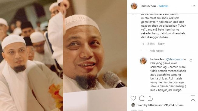 Larissa Chou ngamuk saat seorang warganet menyebut Ustaz Arifin Ilham belum sempat minta maaf ke Ahok. [instagram/larissachou]