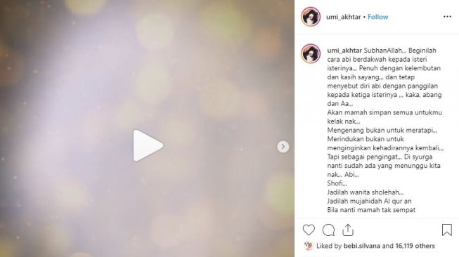 Istri ketiga Ustaz Arifin Ilham membagikan rekaman suara sang suami untuk diperdengarkan kepada si kecil Shofia kelak. [instagram/ummi_akhtar]