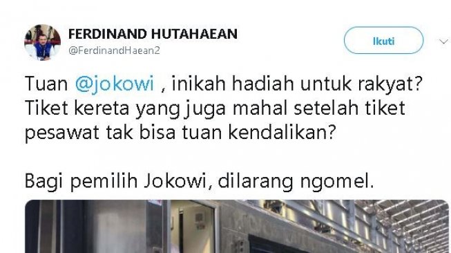 Tiket Kereta Api Dinilai Mahal, Ferdinand: Inikah Hadiah Untuk Rakyat