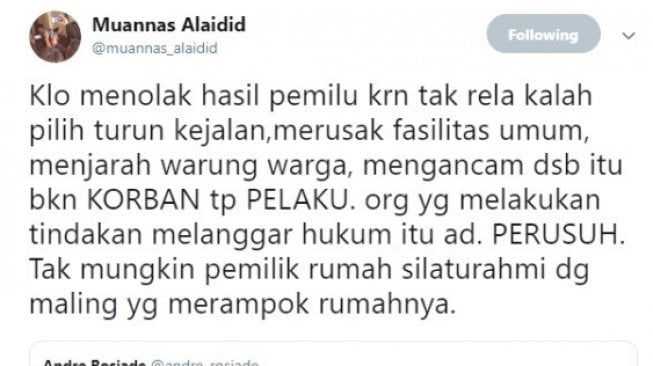 Cuit Muannas Alaidid di akun Twitternya. (@muannas_alaidid).