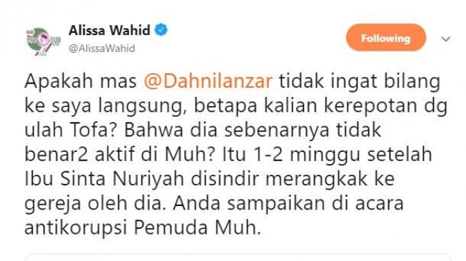 Tanggapan Alissa Wahid terkait cuitan Mustofa Nahrawardaya. [Twitter]