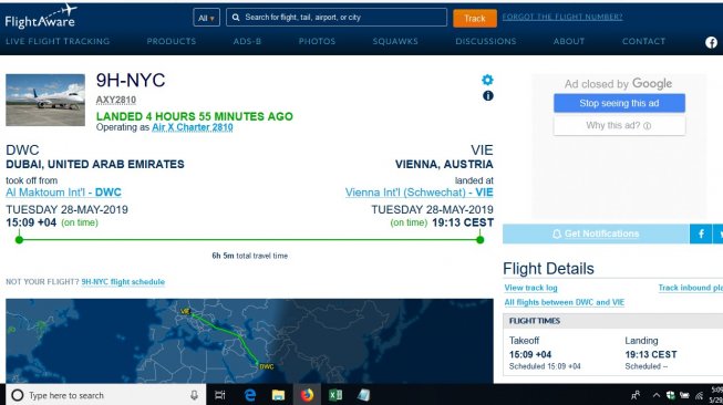 Data penerbangan pesawat jet nomor registrasi 9HNYC dari Dubai ke Wina, Austria.[FlightAware/capture]