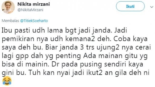 Nikita Mirzani tanggapi postingan Titiek Soeharto. [Twitter]