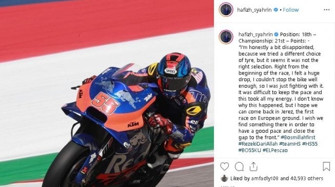 Hafizh Syahrin saat berlaga di sirkuit. (Instagram/@hafizh_syahrin)