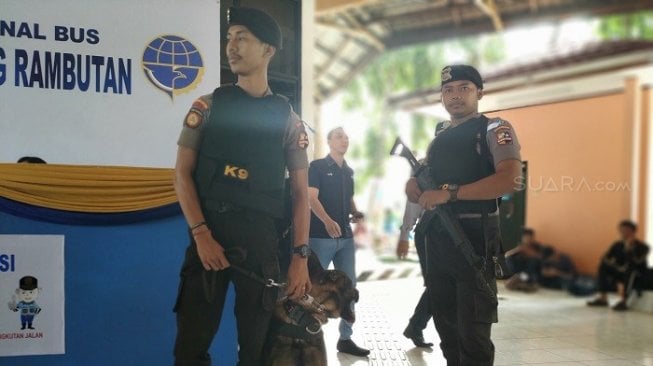 Anggota Unit K-9 Mabes Polri saat berjaga di Terminal Kampung Rambutan. (Suara.com/Yasir)