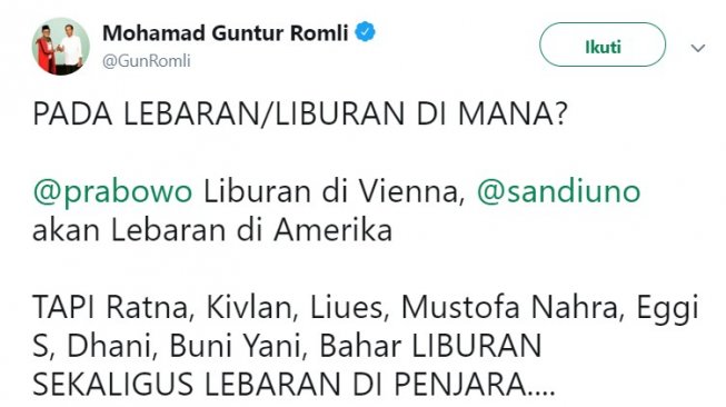 Cuitan Guntur Romli di akun pribadi Twitter. (@GunRomli).