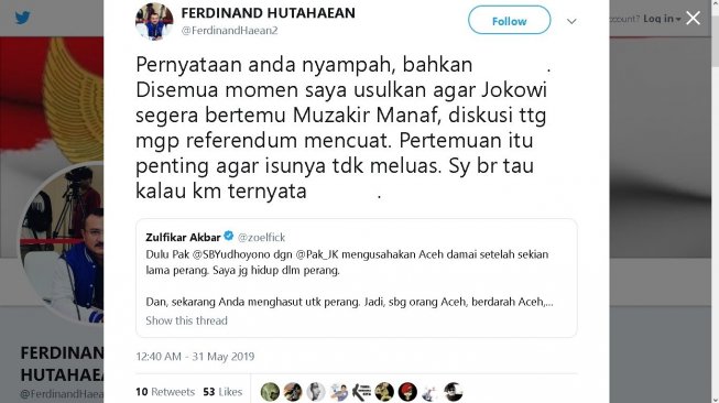 Cuitan Ferdinand Hutahaean - (Twitter/@FerdinandHaean2)