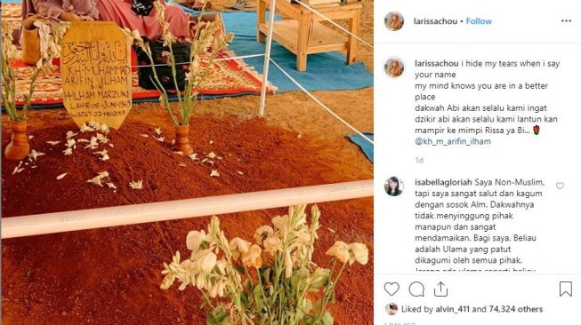 Larissa Chou berharap ketemu Ustaz Arifin Ilham di dalam mimpi. [instagram/larissachou]