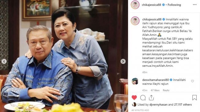 Chika Jessica kagumi kesetiaan Susilo Bambang Yudhoyono terhadap Ani Yudhoyono. [instagram/chikajessica88]