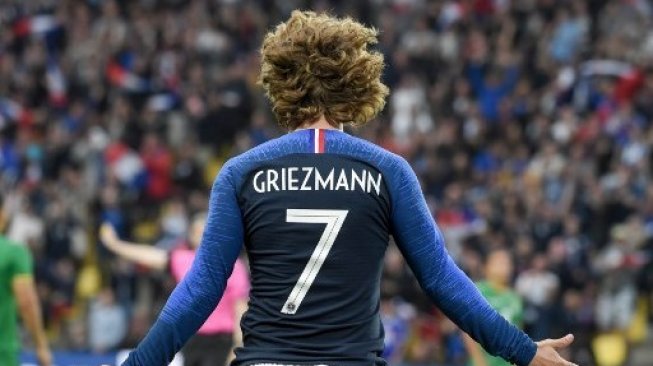 Reaksi Antoine Griezmann saat memperkuat timnas Prancis dalam laga uji coba melawan Bolivia di Nantes. Sebastien SALOM-GOMIS / AFP