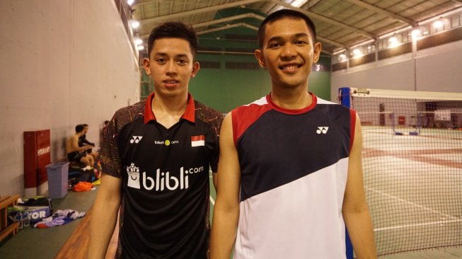 Pasangan ganda putra Indonesia, Fajar Alfian/Muhammad Rian Ardianto di Pelatnas PBSI, Cipayung, Jakarta Timur. [Suara.com / Arief APRIADI]