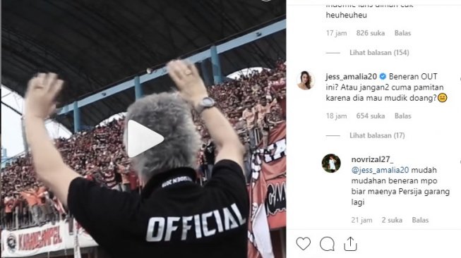 screenshoot komentar Jess Amalia tanggapi mundurnya pelatih Persija Jakarta, Ivan Kolev. [@jess_amalia20 / Instagram]